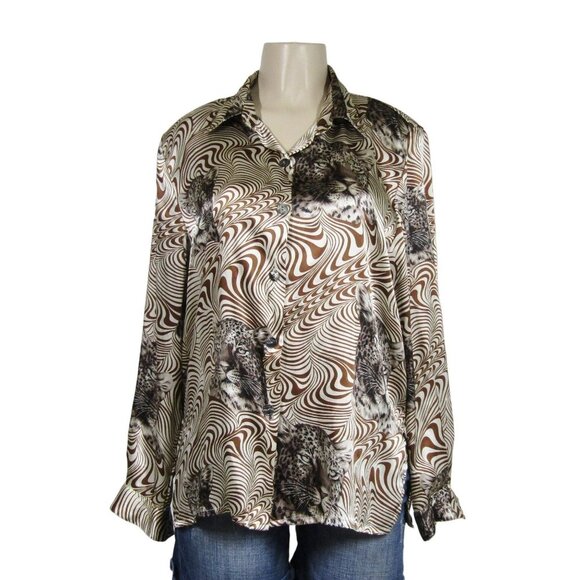 VTG 80s 90s SAFARI Leopard Animal Print Disco Novelty Button Front Shirt Top 10 - Picture 1 of 11